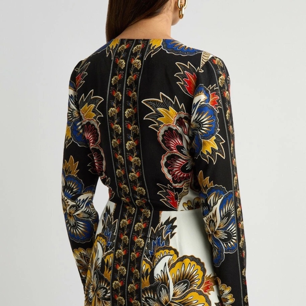 Farm Rio Maxi Floral Print Crepe Wrap Mini Dress in Black Multi - Picture 3 of 14